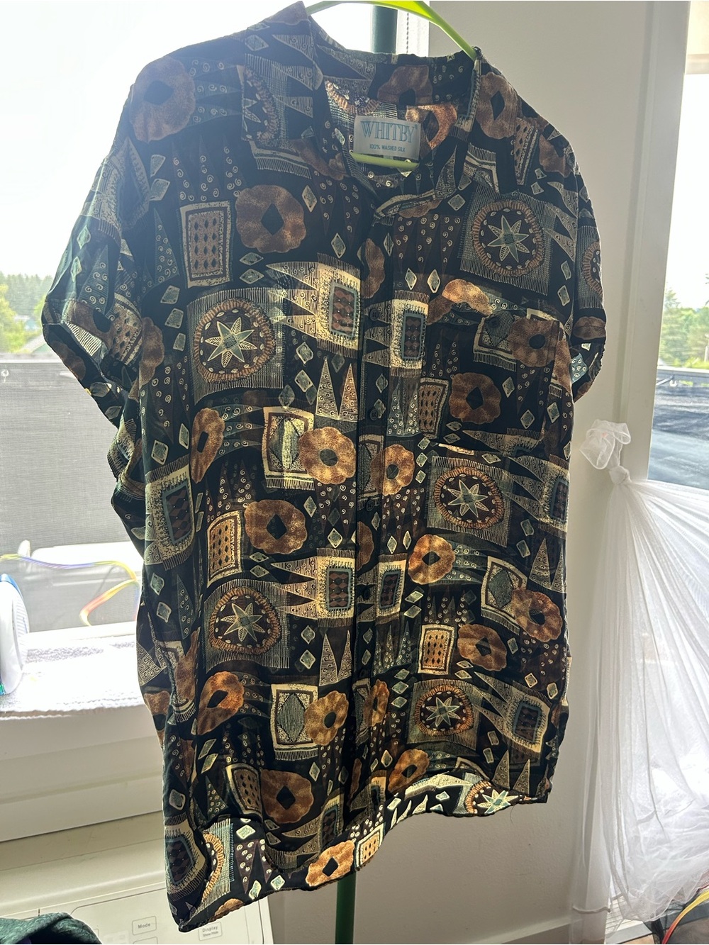 Silk Black & Brown Geometric Print Short-Sleeve Shirt